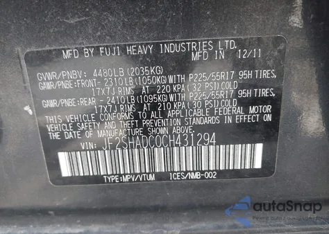 2012 Subaru Forester 2.5X Premium z USA, uszkodzony, nr VIN JF2SHADC0CH431294